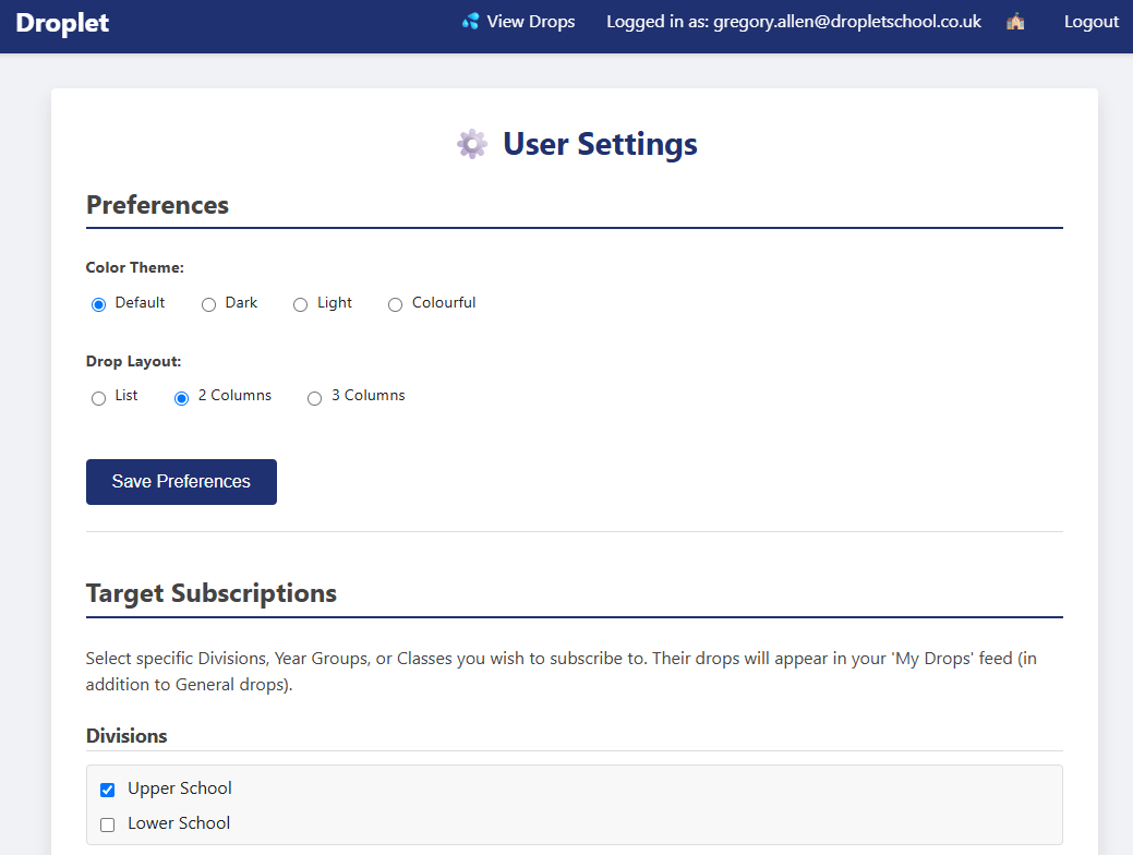 Droplet user settings