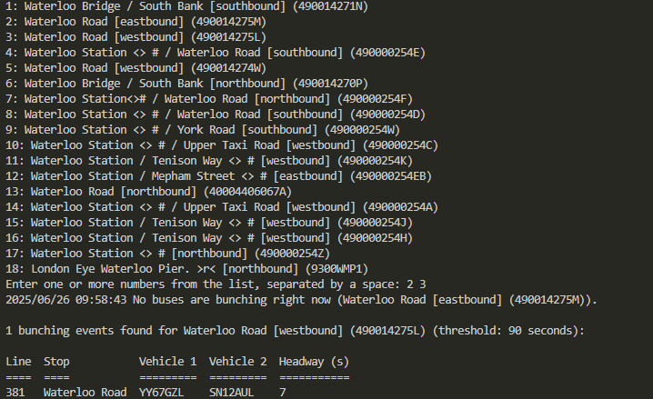 TfL Bunching Detector - Search Example
